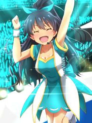 Rule 34 | 1girl, ^ ^, antenna hair, arm up, black hair, blush, breasts, cleavage, closed eyes, dars (recolors), fang, ganaha hibiki, glowing, hair ribbon, headset, idolmaster, idolmaster (classic), long hair, open mouth, ponytail, ribbon, smile, solo, sparkle, standing, standing on one leg