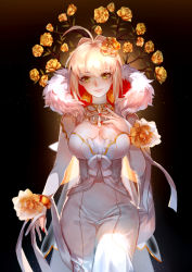 Rule 34 | 10s, 1girl, ahoge, alternate costume, bare shoulders, black background, blonde hair, bracelet, branch, breasts, chinese commentary, cleavage, commentary request, cowboy shot, dress, elbow gloves, fate/extra, fate (series), flower, fur collar, gem, gloves, graphite (medium), green eyes, hair between eyes, hair flower, hair intakes, hair ornament, hair ribbon, hand on own chest, hand up, head tilt, highres, jewelry, large breasts, looking at viewer, nail polish, nero claudius (fate), nero claudius (fate) (all), nero claudius (fate/extra), orange flower, orange ribbon, orange rose, parted lips, red nails, ribbon, rose, see-through, short hair, sidelocks, smile, solo, standing, traditional media, tuteurfars shin, white dress, white gloves, white ribbon