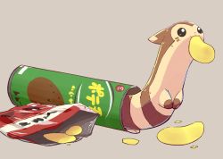 Rule 34 | aquabluu, bag of chips, chips (food), creatures (company), food, furret, game freak, gen 2 pokemon, highres, mouth hold, nintendo, no humans, pokemon, pokemon (creature), potato chips, simple background, tan background, tube of chips