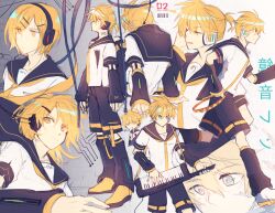 Rule 34 | !?, ahoge, aqua eyes, bass clef, black sailor collar, black shorts, black sleeves, blonde hair, cable, circuit board, detached sleeves, gradient background, hair ornament, hairclip, hand on headphones, hand on own ear, headphones, headset, hikusa, holding, holding instrument, instrument, kagamine len, kagamine len (if), keytar, multiple views, music, musical note, musical note print, necktie, power symbol-shaped pupils, sailor collar, shirt, shoes, short ponytail, short sleeves, shorts, singing, sneakers, spiked hair, straight hair, swept bangs, symbol-shaped pupils, vocaloid, wavy hair, white shirt, yellow eyes, yellow footwear, yellow necktie