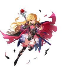 Rule 34 | 1girl, armor, black footwear, black gloves, blonde hair, boots, breasts, brown eyes, cape, cleavage cutout, clenched teeth, clothing cutout, elbow gloves, fire emblem, fire emblem: genealogy of the holy war, fire emblem heroes, full body, gloves, gradient clothes, highres, holding, lachesis (fire emblem), leg up, long hair, looking away, medium breasts, nintendo, non-web source, official alternate costume, official art, one eye closed, parted lips, satoupote, sheath, sheathed, shoulder armor, solo, staff, sword, teeth, thigh boots, thighhighs, torn cape, torn clothes, torn footwear, transparent background, weapon, zettai ryouiki