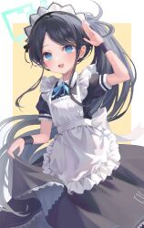 Rule 34 | 1girl, :d, absurdly long hair, absurdres, apron, aris (blue archive), aris (maid) (blue archive), black dress, black hair, blue archive, blue eyes, blush, curtsey, dress, frilled apron, frills, halo, hand up, highres, long dress, long hair, looking at viewer, maid, maid apron, maid headdress, open mouth, petticoat, puffy short sleeves, puffy sleeves, ri yonn, ringed eyes, salute, short sleeves, side ponytail, skirt hold, smile, solo, striped, vertical stripes, very long hair, waving, white apron, wrist cuffs