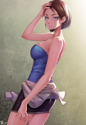 Rule 34 | 1girl, bare shoulders, blouse, blue eyes, blue shirt, breasts, brown hair, capcom, cleavage, clothes around waist, eyelashes, half-closed eyes, hand on own head, highres, jill valentine, looking at viewer, mahito, medium breasts, miniskirt, pencil skirt, resident evil, resident evil 3, resident evil 3: nemesis, resident evil 3 (remake), shirt, short hair, sideboob, skindentation, skirt, sleeveless, solo, strapless, tube top