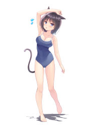 Rule 34 | 1girl, animal ear fluff, animal ears, arm up, bare arms, bare legs, bare shoulders, barefoot, black hair, blue eyes, blue one-piece swimsuit, blush, breasts, cat ears, cat girl, cat tail, cleavage, collarbone, commentary request, covered navel, flying sweatdrops, highres, looking at viewer, medium breasts, new school swimsuit, one-piece swimsuit, original, parted lips, school swimsuit, shadow, simple background, solo, standing, standing on one leg, swimsuit, tail, tenjou ryuka, white background