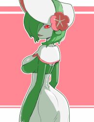 Rule 34 | 1girl, arms at sides, ass, back, bob cut, bonnet, breasts, capelet, colored eyelashes, colored skin, cowboy shot, creatures (company), female focus, flower, from behind, game freak, gardevoir, gen 3 pokemon, green hair, green skin, hair over one eye, half-closed eyes, hat, hat flower, looking at viewer, looking back, materclaws, medium breasts, multicolored skin, nintendo, one eye covered, outline, pink background, pink flower, pink trim, pokemon, pokemon (creature), pokemon unite, red eyes, short hair, simple background, skindentation, solo, standing, two-tone skin, white capelet, white hat, white outline, white skin