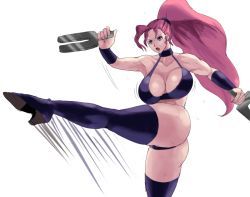 Rule 34 | 1girl, 78 (tky8), ass, attack, bare shoulders, bikini, blue eyes, boots, breasts, capcom, captain commando, carol (captain commando), cleavage, fork, hairband, high heels, holding, holding fork, holding weapon, kicking, large breasts, leg up, long hair, muscular, muscular female, pink hair, ponytail, simple background, standing, standing on one leg, sweat, swimsuit, thigh boots, weapon, white background