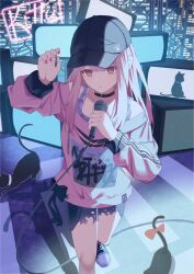 Rule 34 | 1other, akiyama mizuki, androgynous, baseball cap, black cat, black choker, black footwear, black hat, bokutachi no seizon tousou (project sekai), cat, choker, commentary, converse, english commentary, english text, hat, highres, holding, holding microphone, kitty (vocaloid), long hair, looking at viewer, maria onnette, microphone, neon lights, pink eyes, pink hair, pink shirt, project sekai, shirt, sidelocks, solo, standing, television