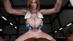 Rule 34 | 1boy, 1girl, 3d, almightypatty, animated, bikini, bikini top only, blonde hair, blue eyes, breasts, clothed female nude male, cowgirl position, dark-skinned male, dark skin, dead or alive, gym, hetero, highres, huge breasts, huge penis, interracial, lying, medium hair, nude, open mouth, penis, sex, straddling, swimsuit, tina armstrong, vaginal, video