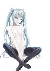 Rule 34 | 1girl, between legs, black footwear, blue hair, boots, breasts, closed mouth, covering privates, covering crotch, empty eyes, expressionless, hand between legs, hatsune miku, highres, indian style, long hair, malcolm x (artist), navel, nipples, nude, simple background, sitting, small breasts, solo, thigh boots, twintails, very long hair, vocaloid, white background