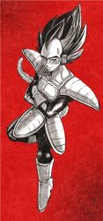 Rule 34 | 1boy, armor, boots, dragon ball, dragonball z, gradient background, male focus, monochrome, red background, saiyan, scouter, solo, tail, vegeta