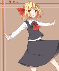 Rule 34 | 1girl, black dress, black skirt, blonde hair, collared shirt, contrapposto, ascot, dress, hair ribbon, hairband, heart, leg up, looking at viewer, outstretched arms, ribbon, rumia, shiro suika, shirt, short hair, skirt, solo, standing, standing on one leg, touhou, vest, white shirt, yellow eyes