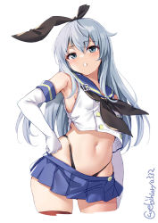 Rule 34 | 1girl, alternate costume, black neckerchief, black panties, blue eyes, blue skirt, blush, cosplay, cowboy shot, crop top, ebifurya, elbow gloves, gloves, hairband, hand on own hip, hibiki (kancolle), highleg, highleg panties, highres, kantai collection, light blush, long hair, looking at viewer, microskirt, navel, neckerchief, one-hour drawing challenge, open mouth, panties, sailor collar, school uniform, serafuku, shimakaze (kancolle), shimakaze (kancolle) (cosplay), silver hair, simple background, skirt, solo, standing, stomach, striped clothes, striped thighhighs, thighhighs, thong, twitter username, underwear, white background, white gloves