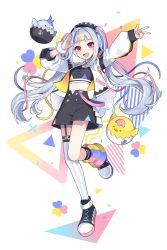 Rule 34 | :d, ahoge, arms up, asymmetrical legwear, black footwear, black shirt, black shorts, blonde hair, blue hair, commentary request, crop top, detached sleeves, full body, heart, highres, indie virtual youtuber, jacket, long hair, long sleeves, looking at viewer, loose socks, midriff, multicolored hair, nou (nounknown), open clothes, open jacket, open mouth, outstretched arm, pink hair, puffy long sleeves, puffy sleeves, shirt, shoes, short shorts, shorts, silver hair, single sock, single thighhigh, siroma yukana, sleeveless, sleeveless jacket, smile, socks, solo, standing, standing on one leg, streaked hair, striped clothes, striped socks, striped thighhighs, thighhighs, twintails, uneven legwear, vertical-striped clothes, vertical-striped socks, vertical-striped thighhighs, very long hair, virtual youtuber, white jacket, white sleeves