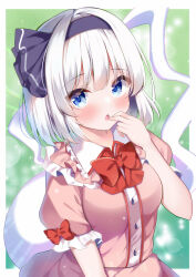 Rule 34 | 1girl, :o, absurdres, alternate costume, black hairband, blue eyes, blush, border, bow, bowtie, breasts, fingers to mouth, green background, hair ribbon, hairband, hand up, highres, hitodama, konpaku youmu, konpaku youmu (ghost), looking at viewer, medium breasts, open mouth, puffy short sleeves, puffy sleeves, ribbon, shirotsuki shirone, short hair, short sleeves, solo, touhou