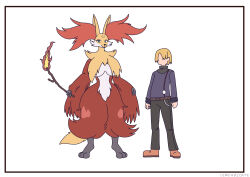 Rule 34 | 1boy, 1girl, absurdres, animal ear fluff, animal ears, animal nose, body fur, closed mouth, creatures (company), delphox, faceless, faceless male, fox ears, furry, furry female, game freak, gen 6 pokemon, highres, holding, looking at viewer, nintendo, pants, pokemon, pokemon (creature), red eyes, red fur, simonbutt6, simple background, smile, snout, standing, stick, tail, turtleneck, white fur, yellow fur