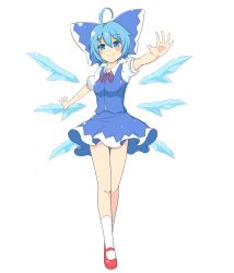 Rule 34 | 1girl, ahoge, blue dress, blue eyes, blue hair, blush, bow, breasts, cirno, collared shirt, dress, full body, hair between eyes, hair bow, hair ribbon, highres, ice, ice wings, large bow, legs, looking at viewer, mary janes, matching hair/eyes, miniskirt, outstretched arms, red footwear, ribbon, shirt, shoes, short hair, simple background, skirt, smile, socks, solo, thigh gap, touhou, vest, wade99, white background, white socks, wings