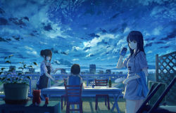 Rule 34 | 3girls, apron, beer can, black hair, blue eyes, blue theme, blurry, bottle, can, chair, city lights, cityscape, clothes writing, cloud, commentary, cowboy shot, cup, depth of field, dress, drink can, drinking glass, expressionless, figure, from behind, full moon, hand fan, highres, k ryo, looking at another, looking at viewer, looking down, md5 mismatch, moon, multiple girls, night, night sky, original, outdoors, paper fan, plant, plate, potted plant, resolution mismatch, rooftop, salad, shadow, shirt, shooting star, short hair, short hair with long locks, short ponytail, sky, sleeveless, sleeveless dress, smile, source larger, standing, star (sky), starry sky, t-shirt, table, trellis, uchiwa, wine bottle, wine glass, wooden floor, yellow eyes