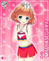 Rule 34 | 1girl, animal, animal on head, bare arms, bare shoulders, blonde hair, rabbit, rabbit on head, card (medium), cheerleader, girlfriend (kari), green eyes, hasegawa miu, looking at viewer, midriff, navel, official art, on head, open mouth, pink background, qp:flapper, red skirt, short hair, skirt, smile, solo