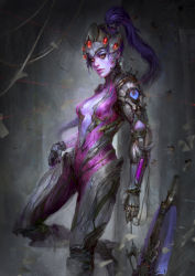 Rule 34 | 1girl, absurdres, against wall, bodysuit, breasts, cleavage, colored skin, grappling hook, gun, head-mounted display, high ponytail, highres, long hair, looking at viewer, medium breasts, no bra, nose, overwatch, overwatch 1, pink bodysuit, pink lips, plunging neckline, purple hair, purple skin, rifle, sniper rifle, solo, thedurianart, weapon, widowmaker (overwatch), yellow eyes