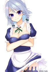 Rule 34 | 1girl, apron, artist name, bad id, bad pixiv id, blue dress, blush, bow, braid, breasts, cleavage, commentary request, cowboy shot, crossed arms, detached collar, dress, green bow, green ribbon, hair bow, highres, holster, izayoi sakuya, knife, looking at viewer, maid, maid apron, maid headdress, medium breasts, neck ribbon, okichi miyoshi, partial commentary, petticoat, puffy short sleeves, puffy sleeves, purple eyes, ribbon, short dress, short hair, short sleeves, silver hair, simple background, smile, solo, standing, thigh holster, touhou, twin braids, twitter username, waist apron, white apron, white background