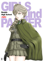 Rule 34 | 1girl, artist name, text background, belt, black belt, black gloves, cape, character name, closed mouth, commentary request, copyright name, cowboy shot, dress shirt, english text, girls und panzer, girls und panzer ribbon no musha, gloves, green cape, green eyes, green necktie, grey jacket, grey skirt, hair over shoulder, hand on own hip, highres, jacket, jajka (girls und panzer), light brown hair, light smile, looking to the side, miniskirt, necktie, nishi itsumi, pleated skirt, shirt, single drill, skirt, solo, standing, white background, white necktie, white shirt, wing collar
