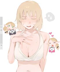 Rule 34 | 2girls, art program in frame, bikini, black bikini, blonde hair, blush, breasts, cleavage, closed eyes, clothes hanger, commentary, dungeon meshi, elf, falin touden, falin touden (tallman), green eyes, heart, highres, large breasts, le (szs0k), long hair, marcille donato, medium hair, multiple girls, open mouth, parted lips, pink bikini, pointy ears, simple background, smile, spoken sweatdrop, sweatdrop, swimsuit, symbol-only commentary, upper body, white background, white bikini