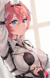Rule 34 | 1girl, :o, @ @, absurdres, blue eyes, blush, bra, breasts, choker, gloves, hair between eyes, hairband, head wings, highres, hololive, lace, lace-trimmed bra, lace trim, large breasts, long sleeves, looking at viewer, multicolored hair, necktie, pink hair, puffy sleeves, shirt, short hair, snarkhunt, solo, sweat, takane lui, takane lui (1st costume), tears, underwear, unzipped, virtual youtuber, white shirt, wings, zipper