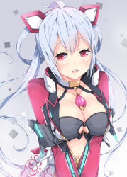 Rule 34 | 1girl, ahoge, black bra, blue hair, blush, bra, breasts, choker, cleavage, cleavage cutout, clothing cutout, collarbone, commentary request, cropped jacket, dress, eyelashes, gem, glowing, gradient background, grey background, hair rings, headgear, high collar, innocent cluster, jacket, jewelry, large breasts, light blue hair, long hair, long sleeves, looking at viewer, matoi (pso2), microdress, midriff, milkpanda, navel, open clothes, open dress, open jacket, open mouth, parted bangs, pendant, phantasy star, phantasy star online 2, raised eyebrows, red eyes, round teeth, shiny skin, simple background, solo, square, teeth, twintails, underwear, upper body, v arms, very long hair