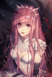 Rule 34 | 1girl, artist name, bad id, bad pixiv id, black gloves, bra, breasts, brown eyes, cleavage, commentary request, dominatrix, elbow gloves, fate/grand order, fate (series), frills, gloves, h sueun, highres, long hair, looking at viewer, medb (fate), medium breasts, open mouth, pink hair, revision, sidelocks, skirt, smile, solo, teeth, tiara, underwear, upper body, upper teeth only, very long hair, white bra, white skirt