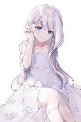 Rule 34 | 1girl, blue eyes, blush, closed mouth, collarbone, commentary request, commission, tucking hair, highres, kneehighs, long hair, looking at viewer, original, see-through, silltare, silver hair, simple background, sitting, smile, socks, solo, star (symbol), very long hair, white background, white socks