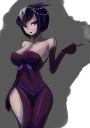 Rule 34 | 1girl, bare shoulders, black hair, blue eyes, breasts, cigarette, cigarette holder, cleavage, covered navel, curvy, dress, elbow gloves, extra, gloves, grey background, hair ornament, hip focus, holding, kemurin, large breasts, lipstick, looking at viewer, makeup, mask, navel, purple hair, short hair, side slit, simple background, skullgirls, smile, smoke, smoking, smoking pipe, solo, standing, strapless, strapless dress, wide hips