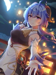 Rule 34 | 1girl, ahoge, bare shoulders, bell, black legwear, blue hair, blush, breasts, chinese knot, detached sleeves, festival, flower knot, ganyu (genshin impact), genshin impact, gold trim, horns, keipup, lantern, long hair, looking at viewer, low ponytail, medium breasts, neck bell, night, night sky, no gloves, outstretched arm, purple eyes, red rope, rope, sideboob, sky, smile, solo, tassel, thighlet, vision (genshin impact), white sleeves