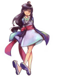Rule 34 | 1girl, ace attorney, alternate eye color, arms behind back, beads, black hair, blue eyes, blunt bangs, bow, capcom, crossed legs, hair beads, hair ornament, half updo, head tilt, japanese clothes, jewelry, kimono, long hair, looking at viewer, magatama, magatsumagic, maya fey, necklace, sandals, sash, short kimono, simple background, sitting, solo, topknot, white background