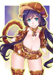 Rule 34 | 10s, 1girl, alternate costume, animal ears, bare shoulders, blue eyes, bow, breasts, brown gloves, collar, cowboy shot, detached sleeves, eyebrows, flower, frills, gloves, grin, hair ornament, hair scrunchie, hat, hat flower, heart, huge breasts, jewelry, kitasaya ai, leaning forward, long hair, looking at viewer, love live!, love live! school idol festival, love live! school idol project, low twintails, monkey ears, monkey tail, pendant, puffy short sleeves, puffy sleeves, purple hair, scrunchie, short sleeves, sketch, smile, solo, swept bangs, tail, tojo nozomi, twintails