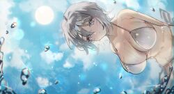 Rule 34 | 1girl, bikini, breasts, day, faust (project moon), feruca, glint, large breasts, limbus company, looking at viewer, outdoors, project moon, short hair, solo, sun, swimsuit, water, wet, wet hair, white bikini, white eyes, white hair