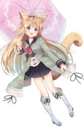 Rule 34 | 1girl, :d, animal ears, antenna hair, black sailor collar, black skirt, blue eyes, boots, braid, brown hair, commentary request, green jacket, hair between eyes, high heel boots, high heels, highres, holding, holding umbrella, jacket, knee boots, long hair, long sleeves, looking at viewer, mimikaki (men bow), open mouth, original, pink umbrella, pleated skirt, red neckwear, sailor collar, shirt, simple background, skirt, smile, solo, tail, umbrella, very long hair, white background, white footwear, white shirt