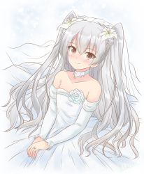 Rule 34 | 1girl, alternate costume, amatsukaze (kancolle), bridal veil, brown eyes, commentary request, dress, flower, hair flower, hair ornament, highres, jewelry, kantai collection, long hair, looking at viewer, one-hour drawing challenge, ring, shizuna kaede, silver hair, solo, two side up, upper body, veil, wedding band, wedding dress, white dress
