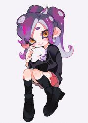 Rule 34 | 1girl, black footwear, boots, closed mouth, commentary, commission, full body, highres, holding, holding stuffed toy, long hair, looking at viewer, nintendo, octoling, octoling girl, octoling player character, purple hair, red skirt, simple background, skirt, smile, solo, splatoon (series), splatoon 3, stuffed toy, tentacle hair, thick eyebrows, white background, yellow eyes, ze090