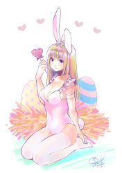 Rule 34 | 1girl, absurdres, animal ears, bare shoulders, blonde hair, blue eyes, blue nails, breasts, candy, cleavage, covered navel, easter egg, egg, fake animal ears, food, full body, geshumaro, highres, leotard, lollipop, long hair, looking at viewer, medium breasts, nail polish, original, playboy bunny, rabbit ears, rabbit tail, seiza, sitting, smile, solo, tail, thighhighs, white thighhighs