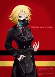 Rule 34 | 1girl, black coat, blonde hair, blue eyes, coat, copyright request, cosplay request, gas mask, hand in pocket, highres, idolmaster, long sleeves, looking at viewer, mask, necktie, rabe p, red background, red necktie, short hair, solo, standing, striped necktie, umeki otoha