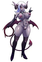 Rule 34 | 1girl, black sclera, blush, breasts, colored sclera, crotchless, dark-skinned female, dark skin, demon girl, demon horns, demon tail, earrings, elbow gloves, female focus, female pubic hair, gloves, high heels, highres, horns, jewelry, large breasts, looking at viewer, nipples, original, pointy ears, pubic hair, purple eyes, pussy, shoes, simple background, slingshot swimsuit, smile, solo, swimsuit, tail, teaf, thighhighs, uncensored, whip, white hair, wings