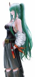 Rule 34 | 1girl, arknights, b.b., bare shoulders, belt, black pants, black shirt, breasts, choker, closed mouth, detached sleeves, expressionless, green hair, hand in pocket, highres, horns, hoshiguma (arknights), long hair, looking away, medium breasts, official alternate costume, pants, ponytail, profile, puffy sleeves, shirt, simple background, single horn, skin-covered horns, sleeveless, sleeveless shirt, solo, standing, studded belt, very long hair, white background, yellow eyes