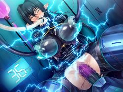 Rule 34 | 1girl, annerose vajra, black hair, breasts, brown eyes, censored, curvy, electricity, electrocution, covered erect nipples, female focus, kagami hirotaka, koutetsu no majo anneroze, large breasts, long hair, looking at viewer, pantyhose, parted lips, sideboob, sitting, solo, tagme, taimanin (series), taimanin asagi kessen arena, very long hair, wide hips
