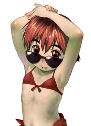 Rule 34 | armpits, bikini, brown eyes, child, happy, original, red bikini, red hair, satou toshiyuki, short hair, solo, sunglasses, swimsuit