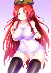 Rule 34 | 1girl, alternate costume, aqua eyes, bare shoulders, black thighhighs, blush, body blush, braid, breasts, cameltoe, cleavage, collarbone, covered erect nipples, covered navel, ebi 193, embarrassed, female focus, fingernails, forehead, gradient background, groin, hair between eyes, hair ribbon, hat, hip focus, hong meiling, large breasts, long fingernails, long hair, long image, looking at viewer, one-piece swimsuit, open mouth, purple background, red hair, ribbon, school swimsuit, see-through, shy, solo, standing, star (symbol), swimsuit, tall image, thigh gap, thighhighs, thighs, touhou, tress ribbon, twin braids, very long hair, white background, white one-piece swimsuit, white school swimsuit, wide hips