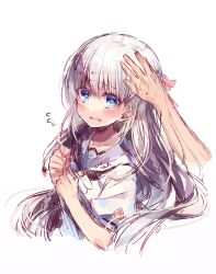 Rule 34 | 1girl, 1other, ascot, black ascot, blue eyes, blush, chi no, clenched hands, flying sweatdrops, hair between eyes, headpat, long hair, looking at viewer, naruse shiroha, nervous smile, open mouth, puffy short sleeves, puffy sleeves, sailor collar, school uniform, shirt, short sleeves, shy, simple background, sketch, smile, solo focus, summer pockets, upper body, very long hair, white background, white hair, white sailor collar, white shirt