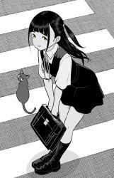 Rule 34 | 1girl, absurdres, aged down, bag, black dress, black hair, black socks, briefcase, chito (flying witch), collared shirt, commentary, dress, dress shirt, flying witch, from above, green eyes, greyscale, highres, ishizuka chihiro, kowata makoto, leaning forward, loafers, long hair, looking at viewer, monochrome, neck ribbon, official art, pinafore dress, ribbon, school bag, school uniform, shirt, shoes, short sleeves, sideways glance, sleeveless dress, smile, socks, solo, straight hair, thick eyebrows, white shirt