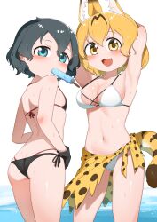 Rule 34 | 2girls, absurdres, animal ears, armpits, ass, bikini, black bikini, black gloves, black hair, blonde hair, blue eyes, blush, breasts, cat ears, cat tail, chis (js60216), cleavage, fang, food, food in mouth, gloves, highres, kaban (kemono friends), kemono friends, large breasts, looking at viewer, multiple girls, navel, open mouth, popsicle, popsicle in mouth, print skirt, serval (kemono friends), serval print, short hair, simple background, skirt, small breasts, smile, swimsuit, tail, white background, white bikini, yellow eyes