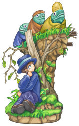 Rule 34 | 1girl, blush, cape, cthulhu mythos, deep one, faux figurine, formal, grass, hat, hiding, jacket, kyurien (noise), looking up, monster, on floor, outdoors, pants, shirt, shoes, short hair, simple background, sitting, solo, suit, tears, tiara, tree, white background