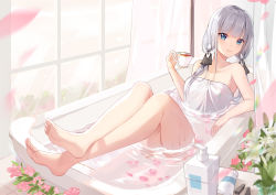 Rule 34 | 1girl, azur lane, barefoot, bathing, bathroom, bathtub, blue eyes, blush, bottle, breasts, cleavage, crossed ankles, cup, curtains, flower, hair ornament, hair ribbon, highres, holding, holding cup, hum (ten ten), illustrious (azur lane), long hair, looking at viewer, medium breasts, mole, mole under eye, naked towel, partially submerged, pink flower, ribbon, smile, solo, tea, teacup, towel, vase, wet, white flower, white hair, window